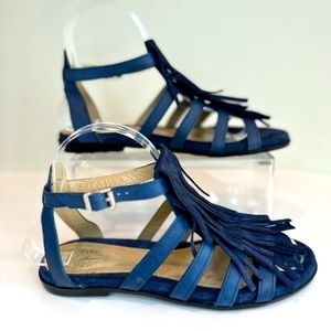 Triver Flight Women's Blue Strap Flat Sandals Tassels Fringe Size 35